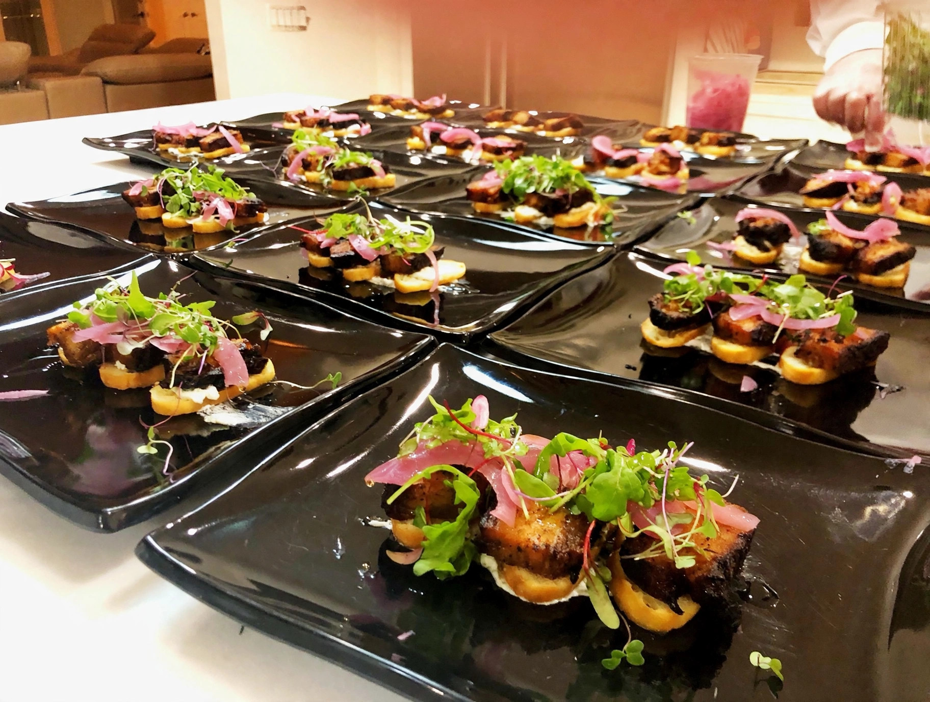 Pork belly crostini appetizers for a party