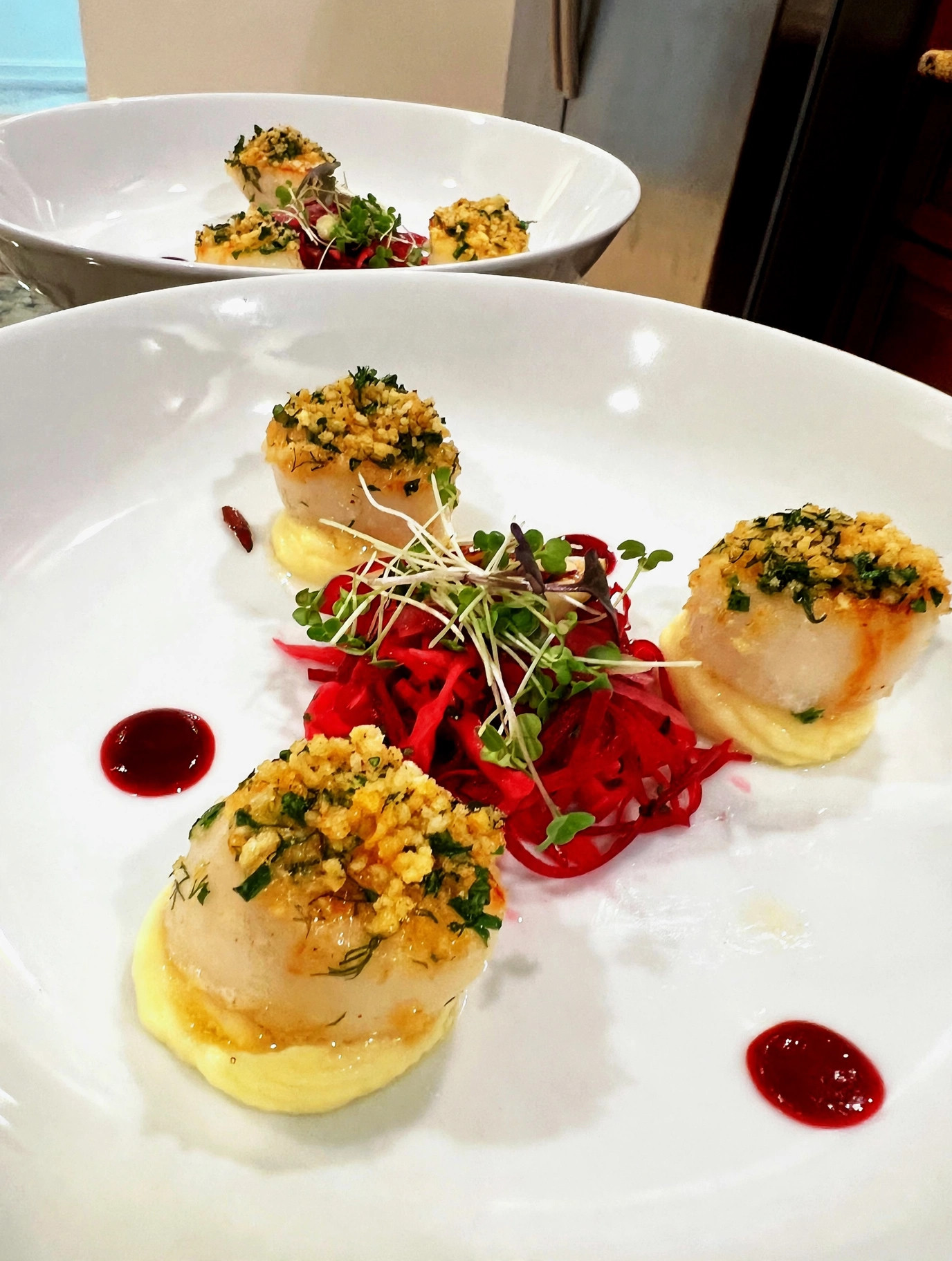 Seared scallops with beet slaw by Chef Tony