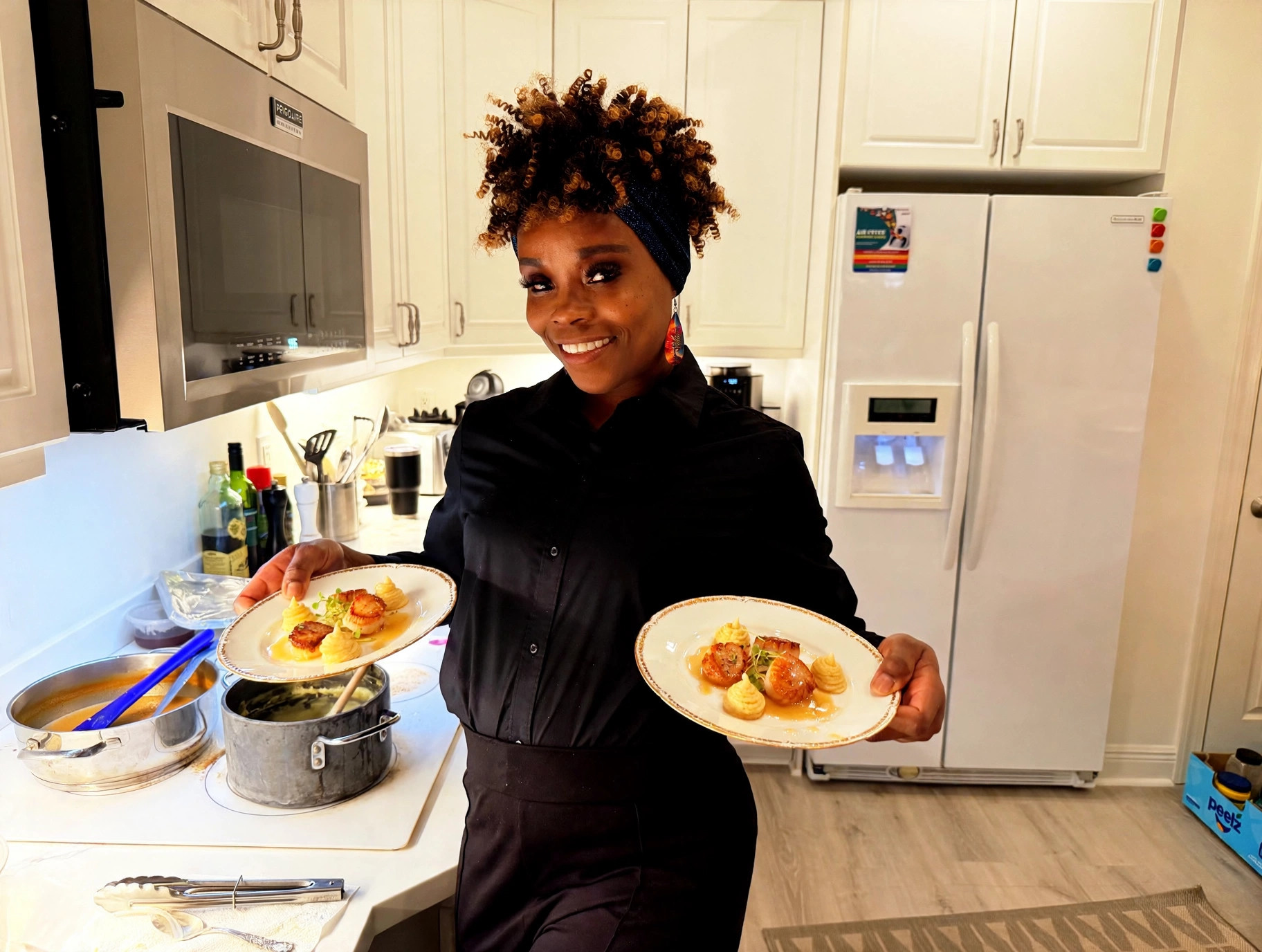 Our server presenting plated scallops at an in-home event